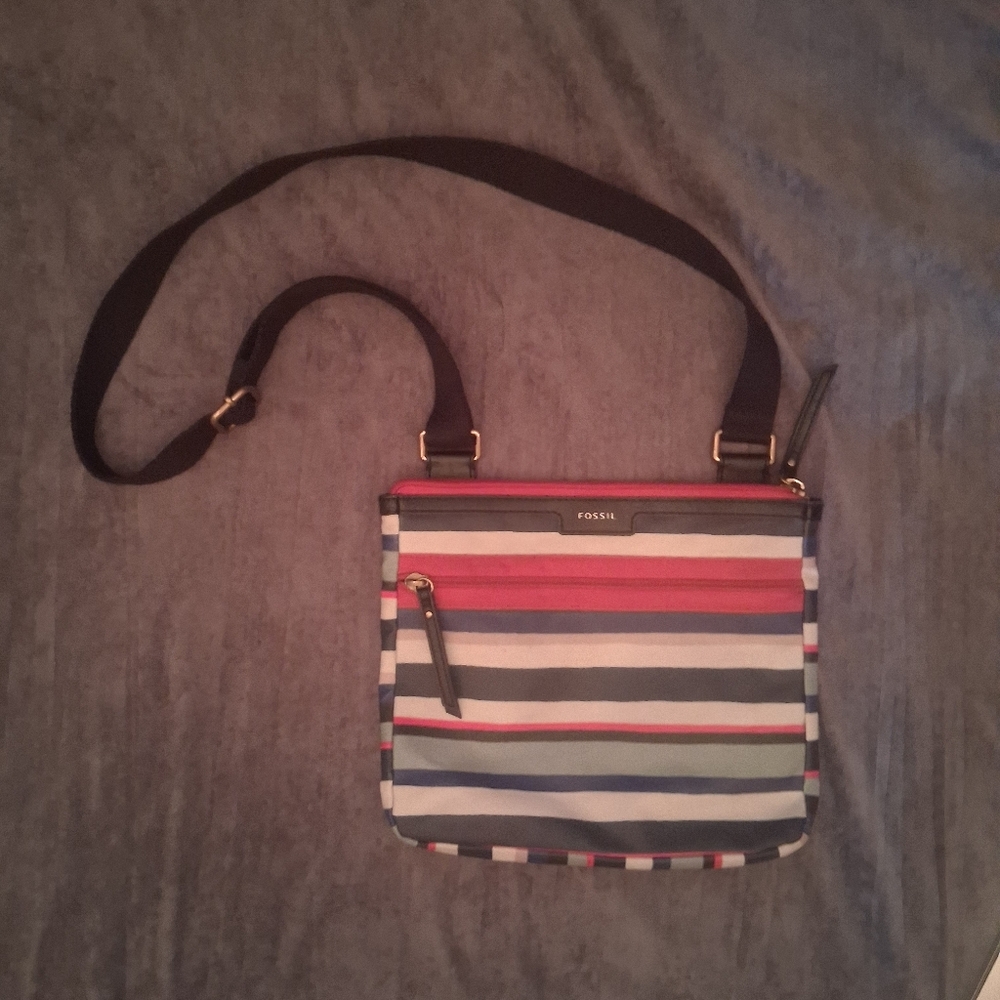 FOSSIL ELIZA Crossbody Blue Multi-Striped Coated Canvas Messenger Bag